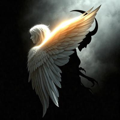 The primary subject of the image is a woman with white wings, possibly an angel or a fairy. She is standing in a dark, shadowy environment, which adds to the overall mood of the scene. The visual style of the image is digital art, as it appears to be a well-crafted illustration or drawing. The colors in the image are predominantly dark, with the woman's white wings being the most prominent feature.